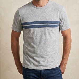 Faherty Men’s Short Sleeve Pocket T-Shirt Large Gray Navy Stripe 100% Cotton